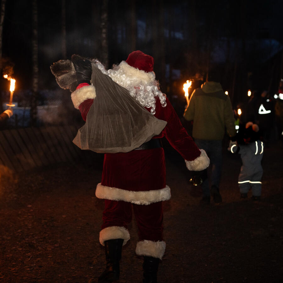 Julenissen på vei gjennom skogen